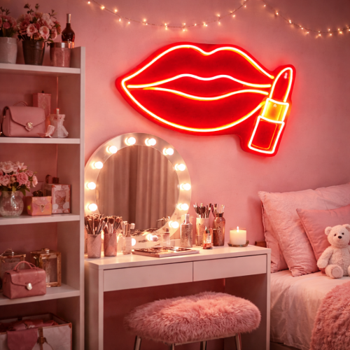 Make Up Neon Tabela – Kırmızı Dudak & Ruj LED Duvar Dekoru
