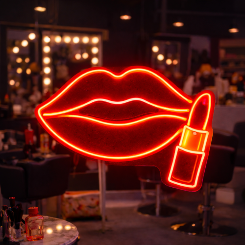 Make Up Neon Tabela – Kırmızı Dudak & Ruj LED Duvar Dekoru