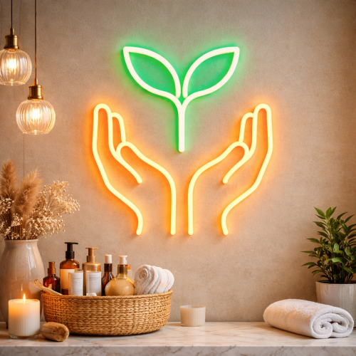 Doğal Bakım Neon Tabela – Filizli El LED Duvar Dekoru - Güzellik Salonu Decor Neon Tabela