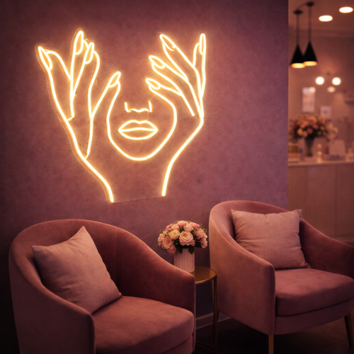 Minimal Kadın Yüz & El Figürlü Neon Tabela – Modern LED Duvar Dekoru