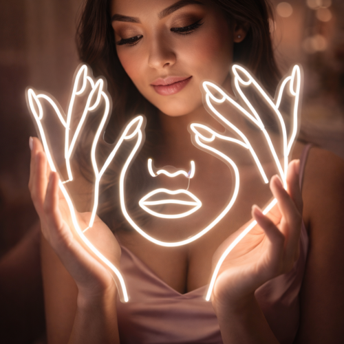 Minimal Kadın Yüz & El Figürlü Neon Tabela – Modern LED Duvar Dekoru