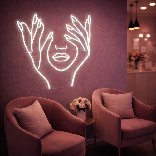Minimal Kadın Yüz & El Figürlü Neon Tabela – Modern LED Duvar Dekoru